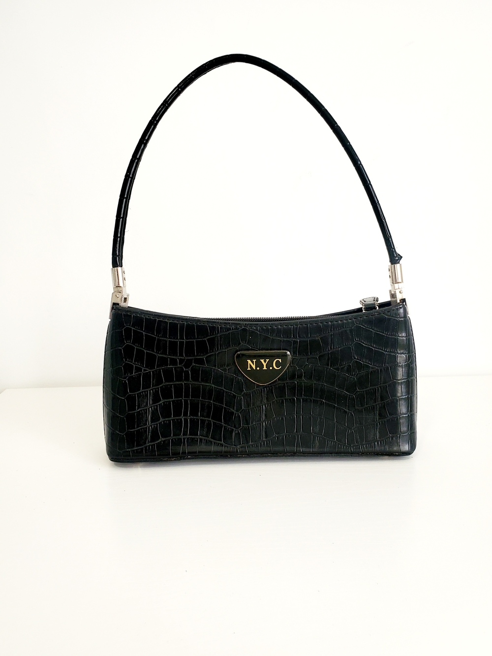 New York & Company Black Croc-Embossed Shoulder Bag with Gold Logo